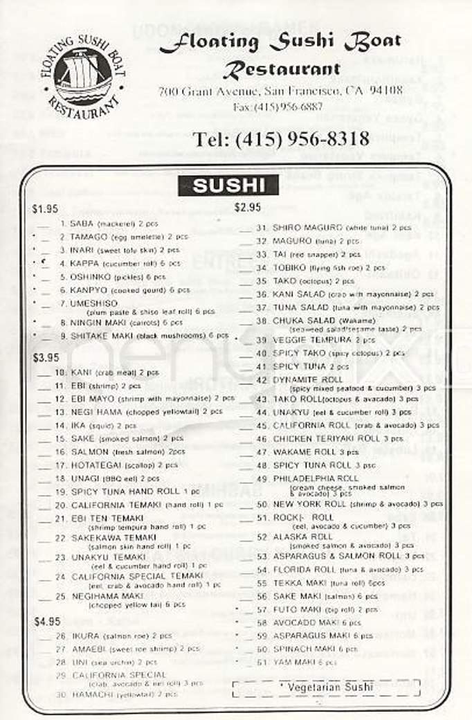 Floating Sushi Boat - San Francisco, CA menu_pic