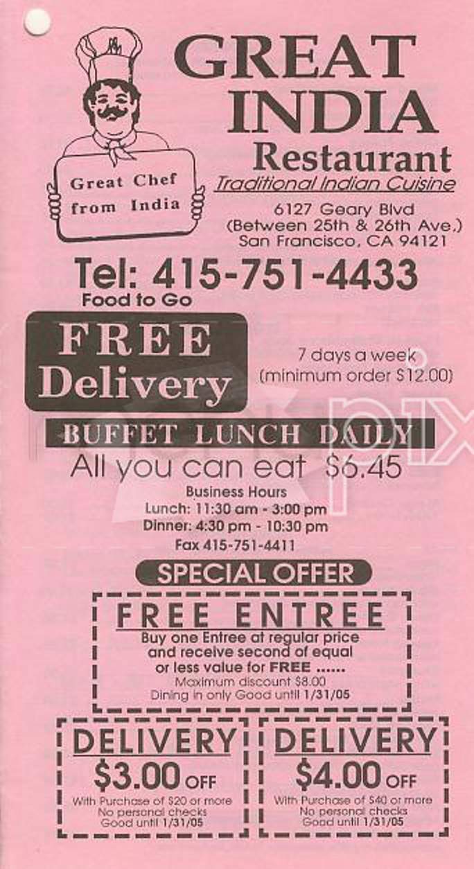 Great India Restaurant - San Francisco, CA menu_pic