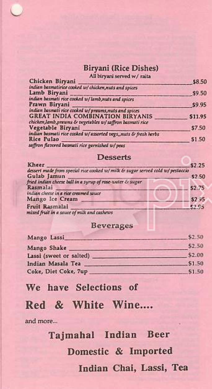 Great India Restaurant - San Francisco, CA menu_pic