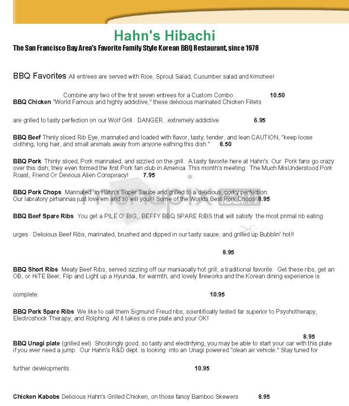 Hahn's Hibachi - San Francisco, CA menu_pic