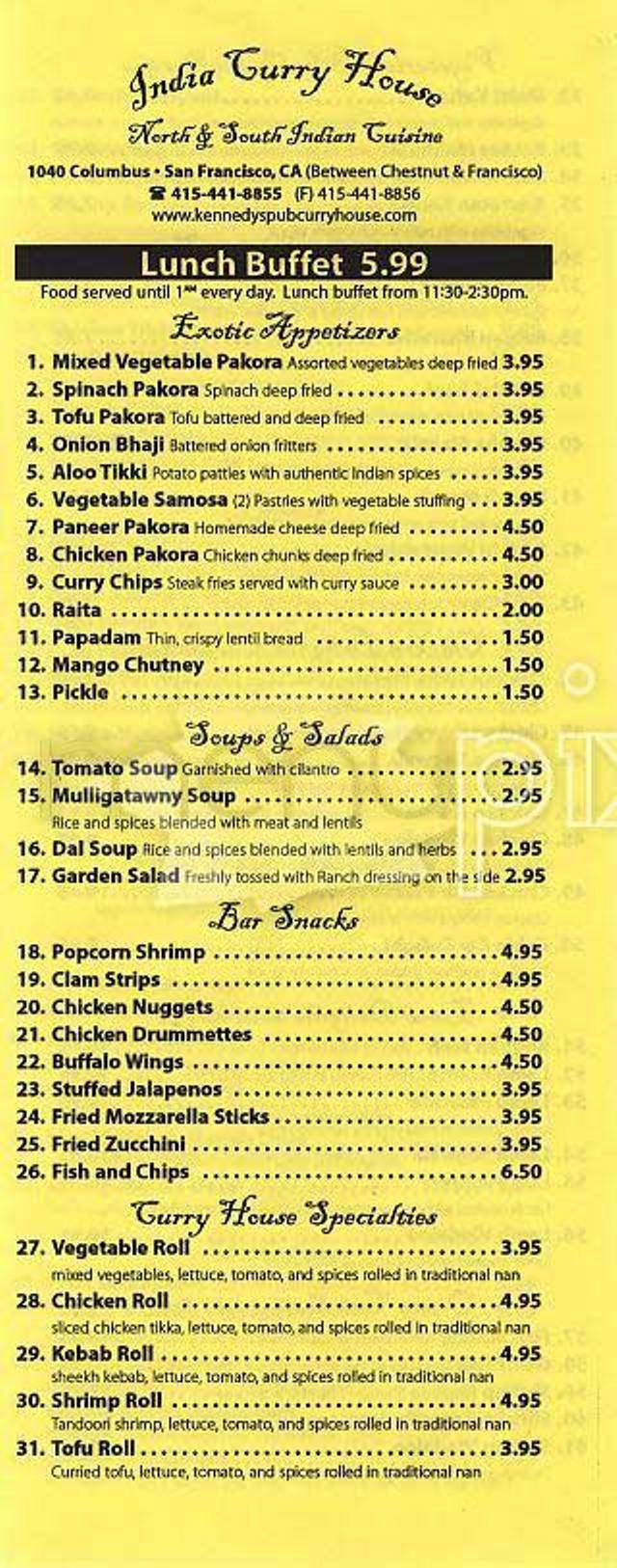 Kennedy's Pub Curry House - San Francisco, CA menu_pic