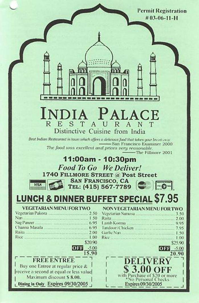 India Palace Restaurant - San Francisco, CA menu_pic