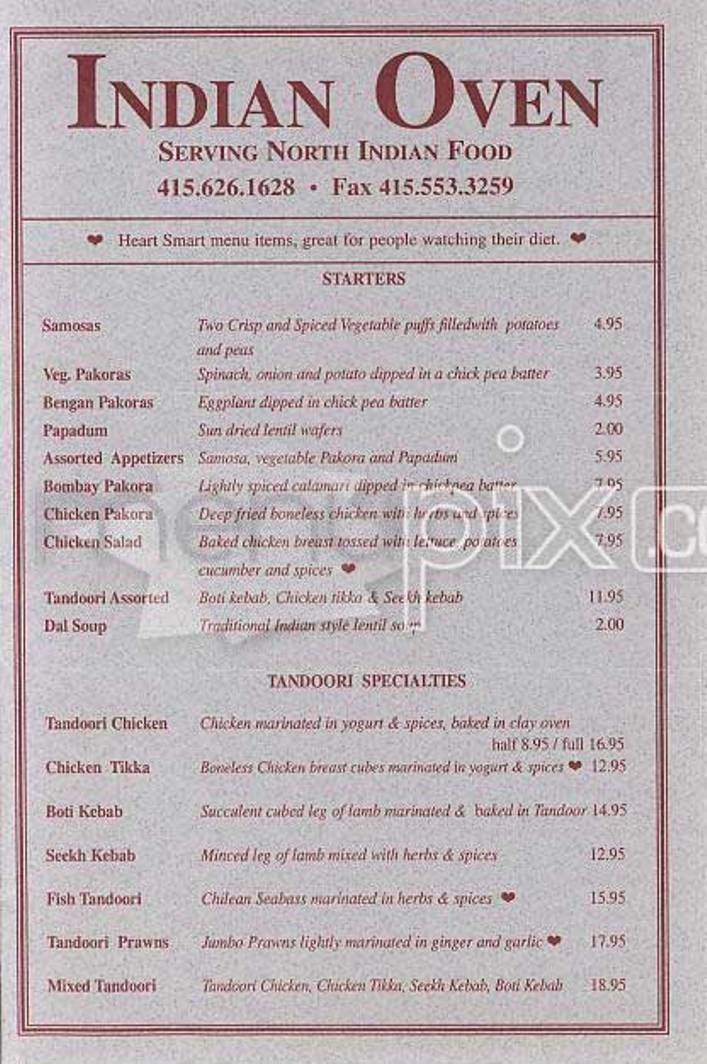 Indian Oven - San Francisco, CA menu_pic