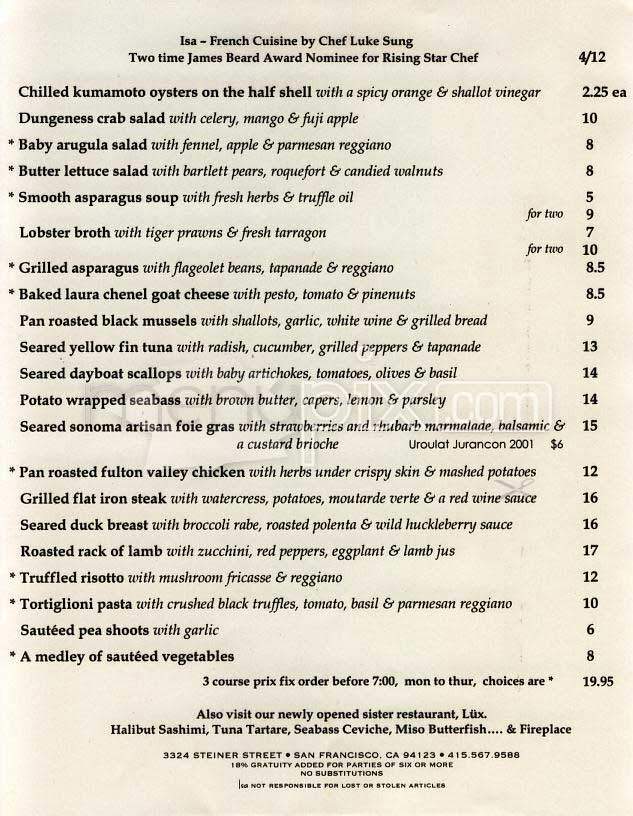 Isa Restaurant - San Francisco, CA menu_pic