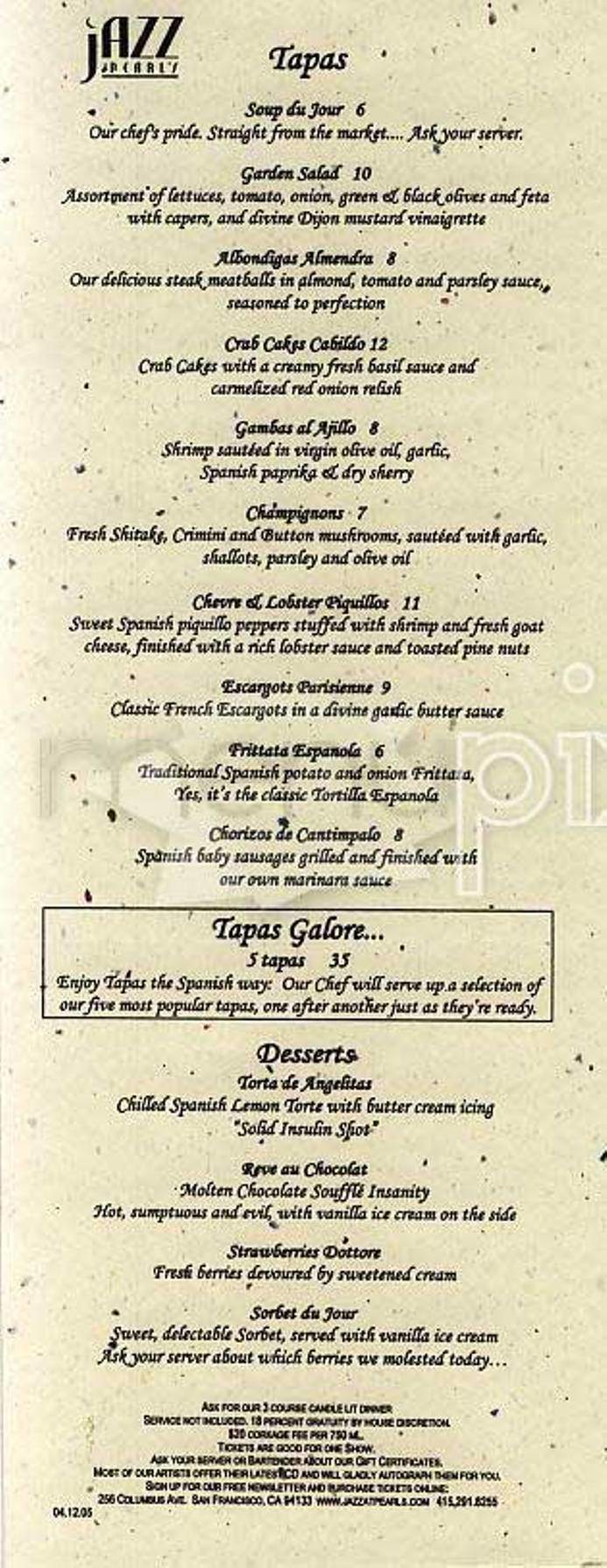 Jazz at Pearls - San Francisco, CA menu_pic