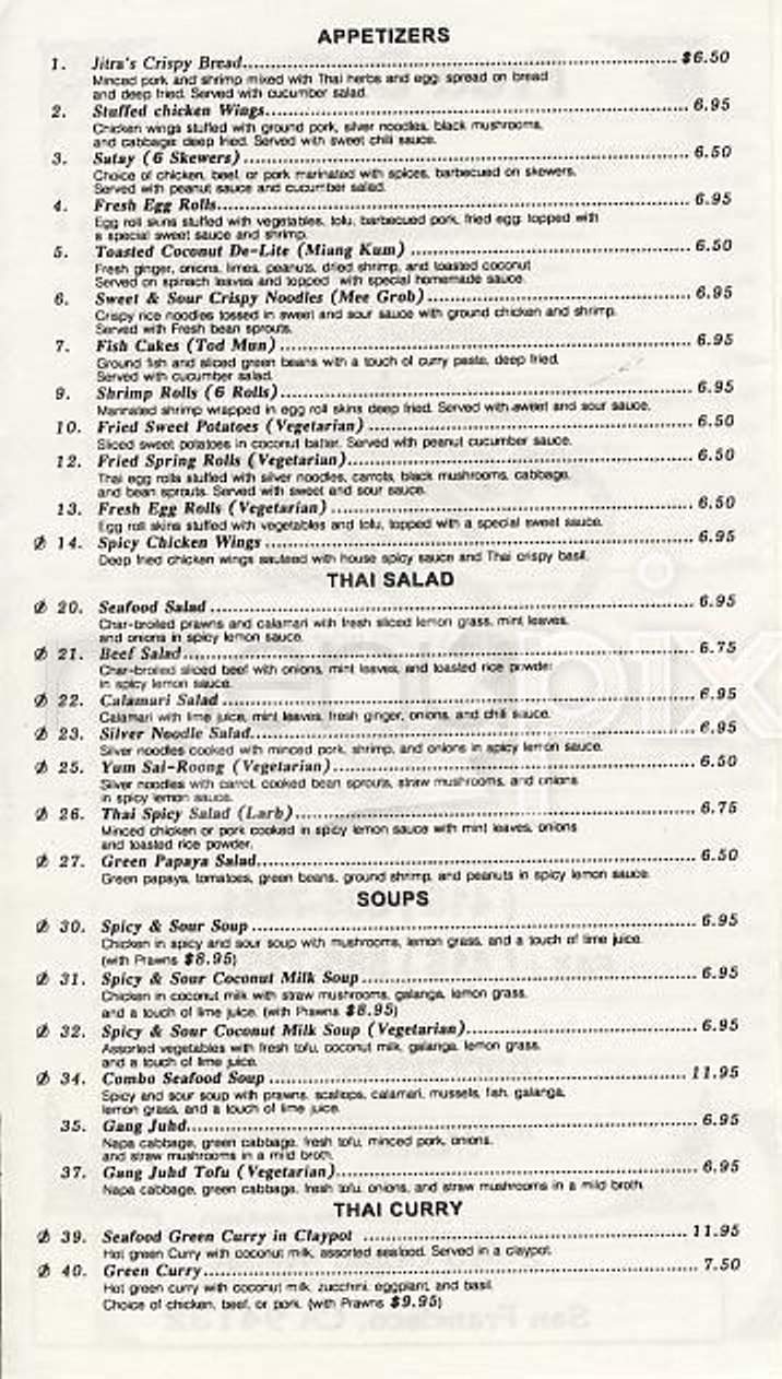 Jitra Thai Cuisine - San Francisco, CA menu_pic