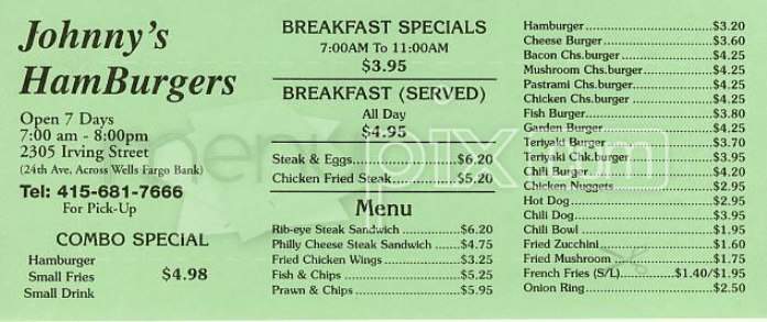 Johnny's Hamburgers - San Francisco, CA menu_pic