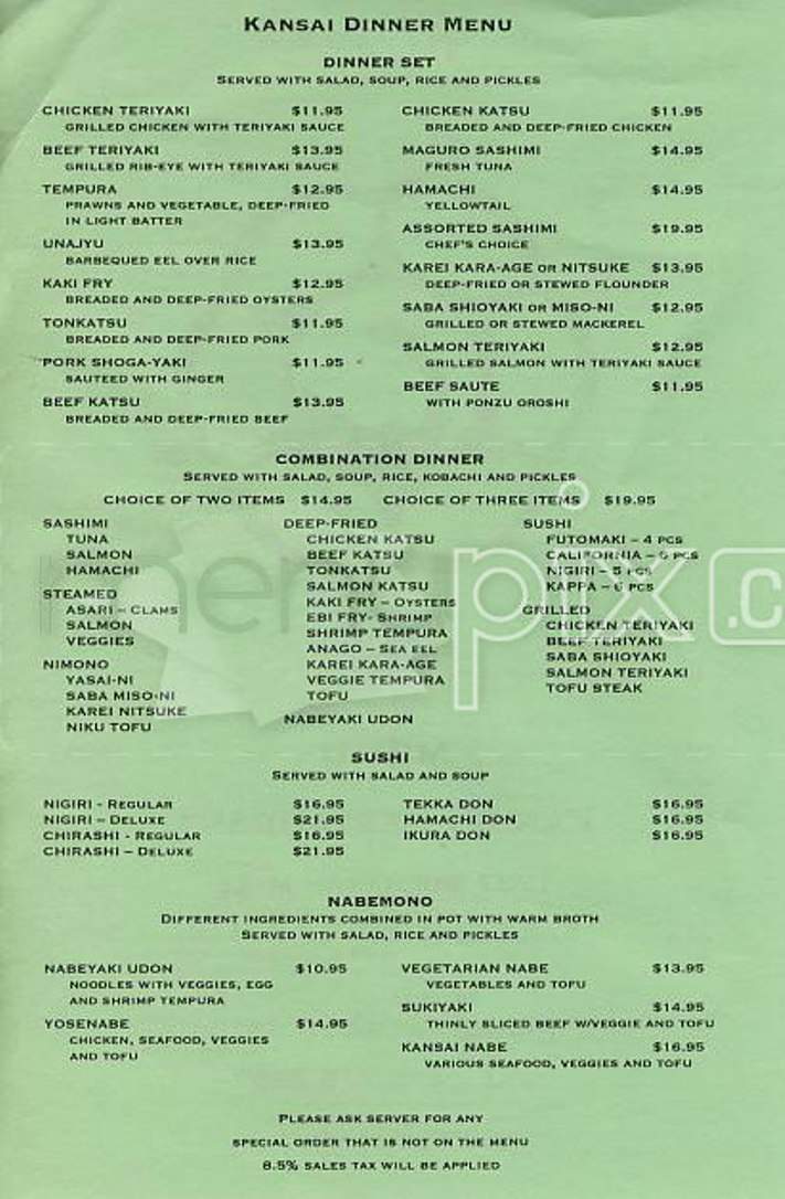 Kansai Restaurant - San Francisco, CA menu_pic
