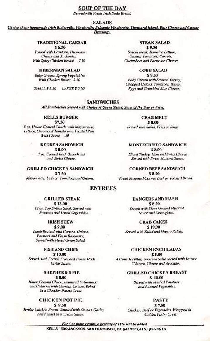 Kells Irish Restaurant & Bar - San Francisco, CA menu_pic