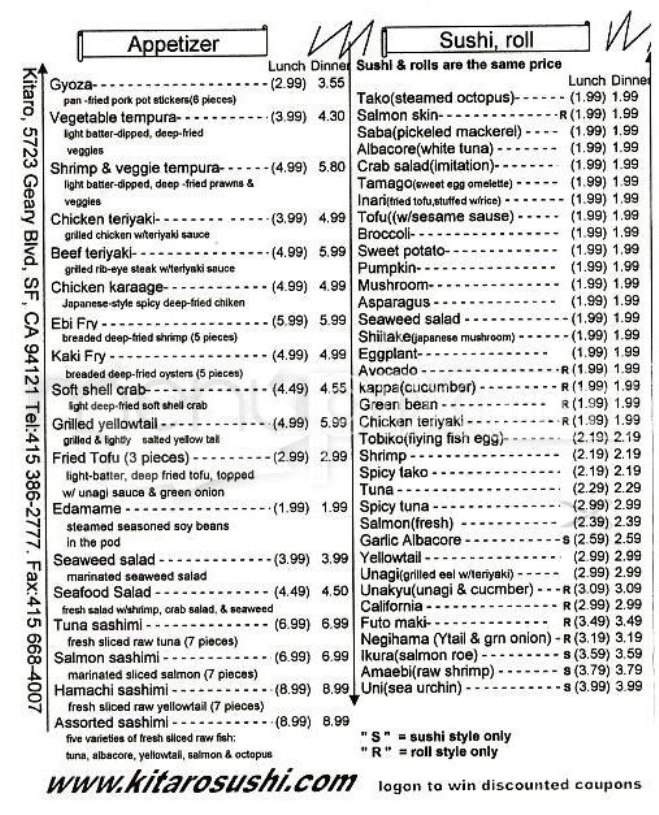 Kitaro Sushi - San Francisco, CA menu_pic