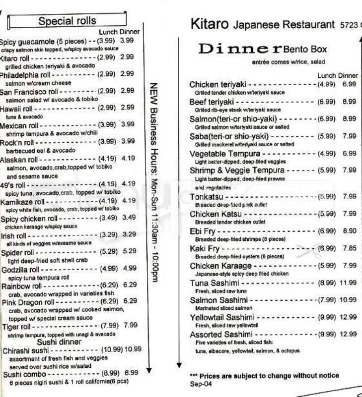 Kitaro Sushi - San Francisco, CA menu_pic