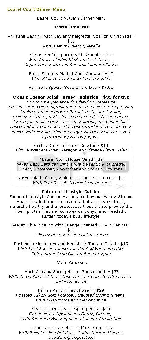 Laurel Court (Fairmont Hotel) - San Francisco, CA menu_pic