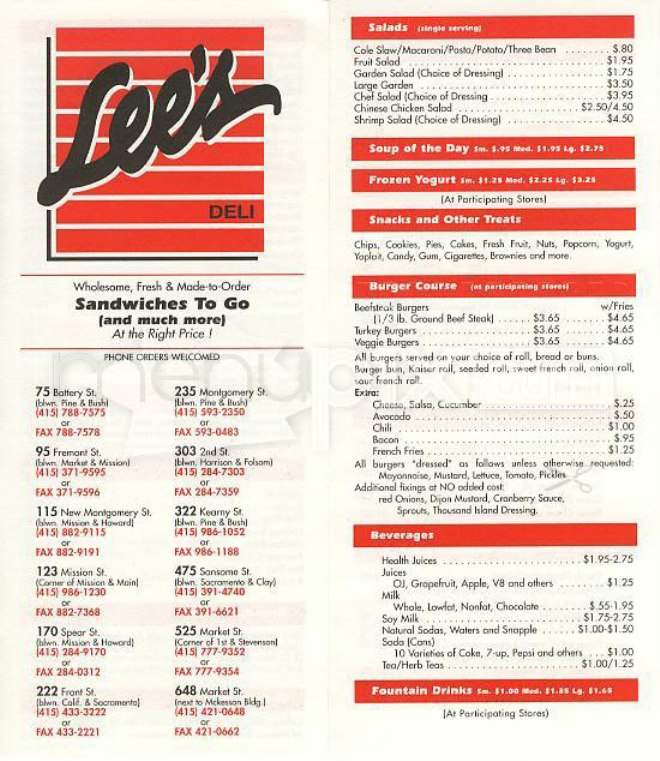 Menu of Lee's Deli in San Francisco, CA 94111