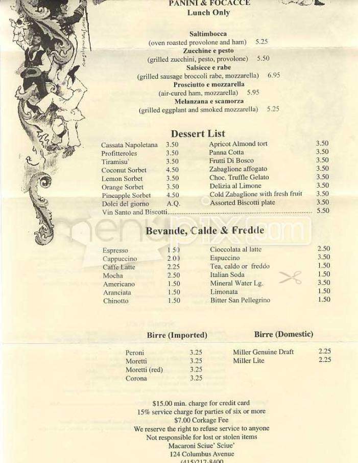 Macaroni Sciue Sciue - San Francisco, CA menu_pic