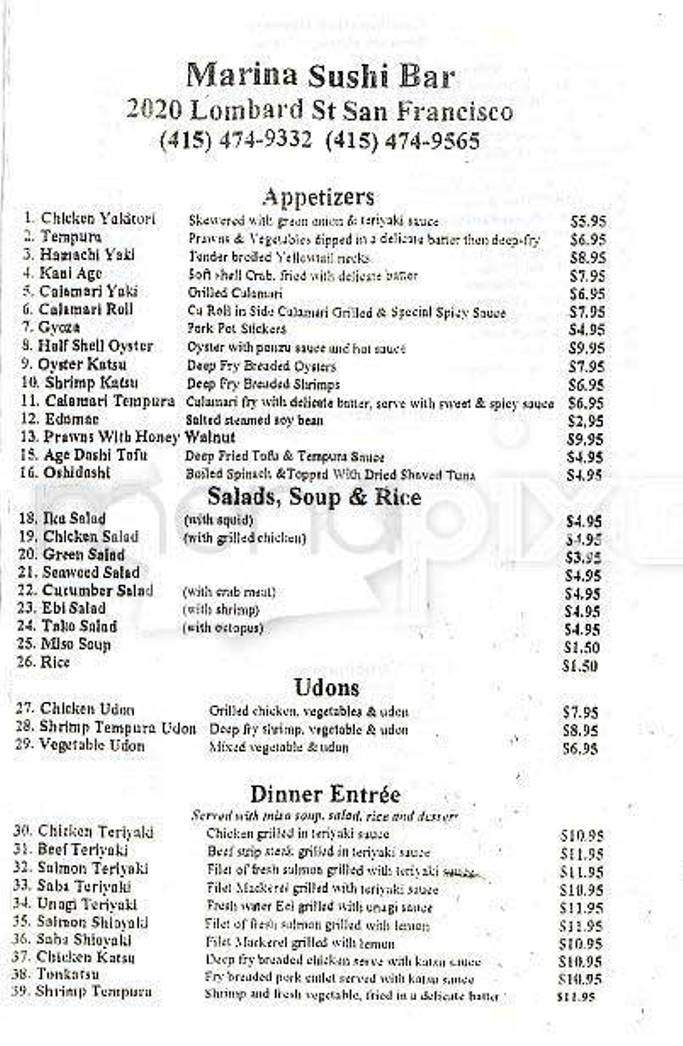 Marina Sushi Bar - San Francisco, CA menu_pic