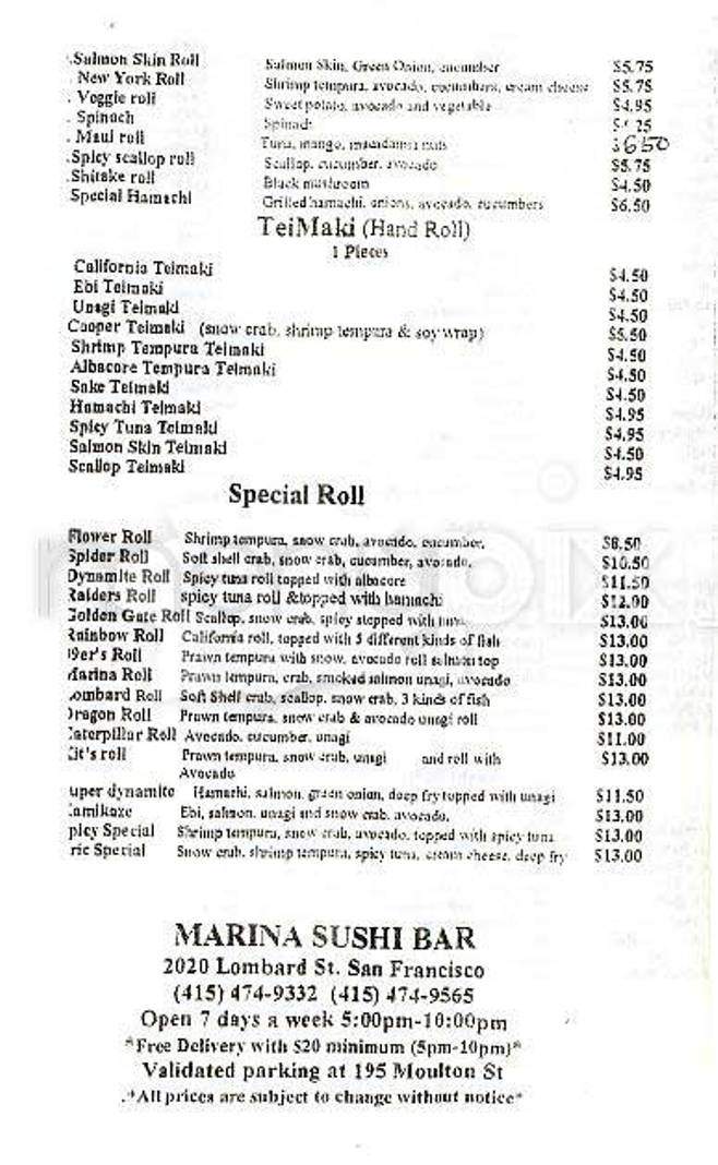 Marina Sushi Bar - San Francisco, CA menu_pic