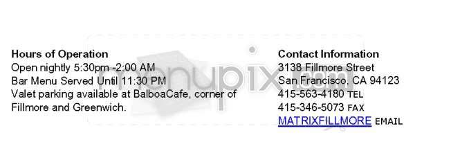 MatrixFillmore - San Francisco, CA menu_pic