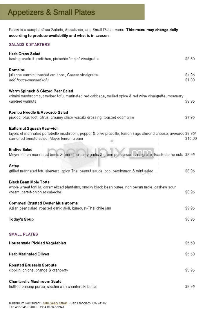 Millennium Restaurant - San Francisco, CA menu_pic