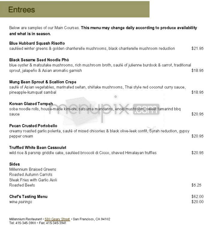 Millennium Restaurant - San Francisco, CA menu_pic