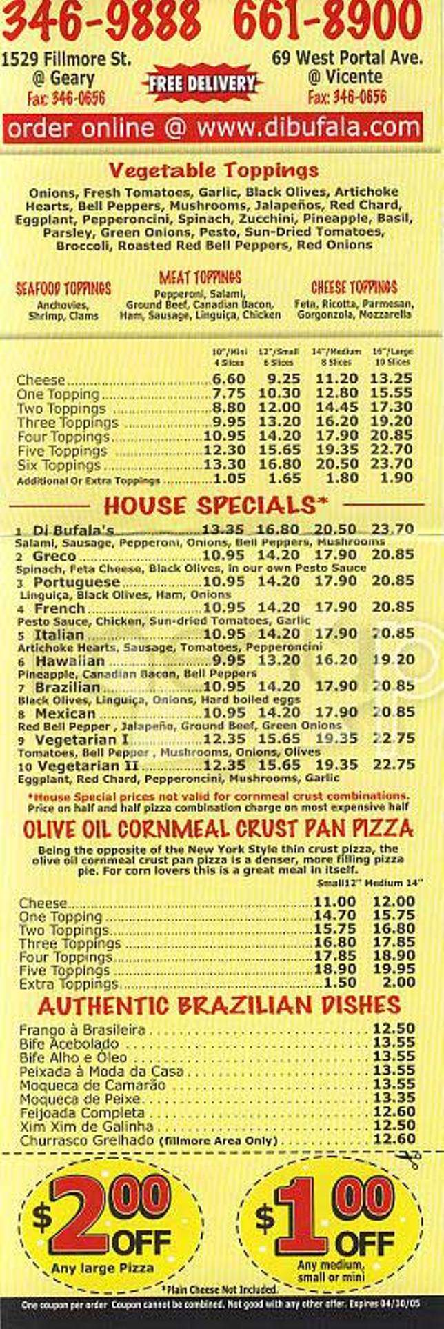 Mozzarella Di Bufala Pizzeria - San Francisco, CA menu_pic