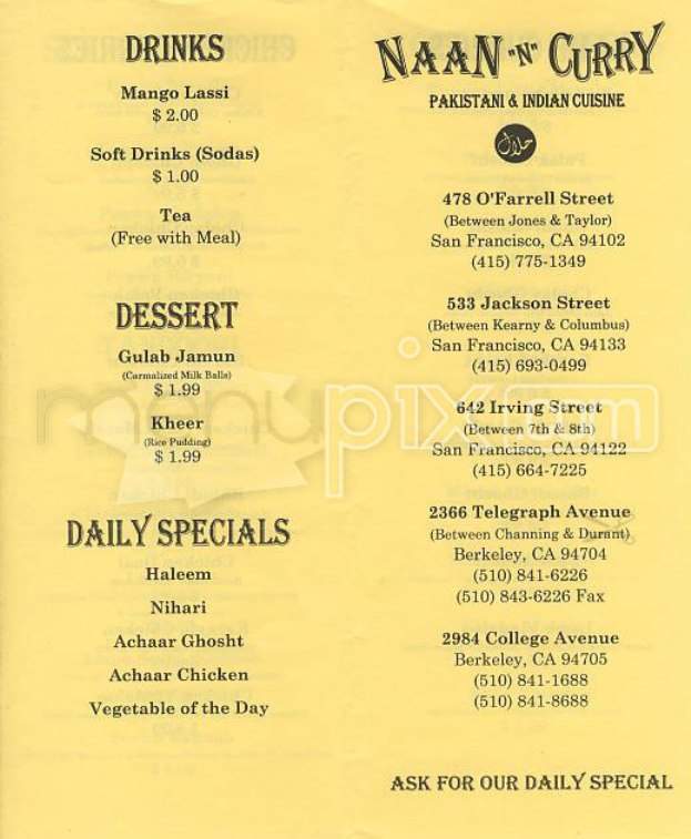 Naan-N-Curry - San Francisco, CA menu_pic