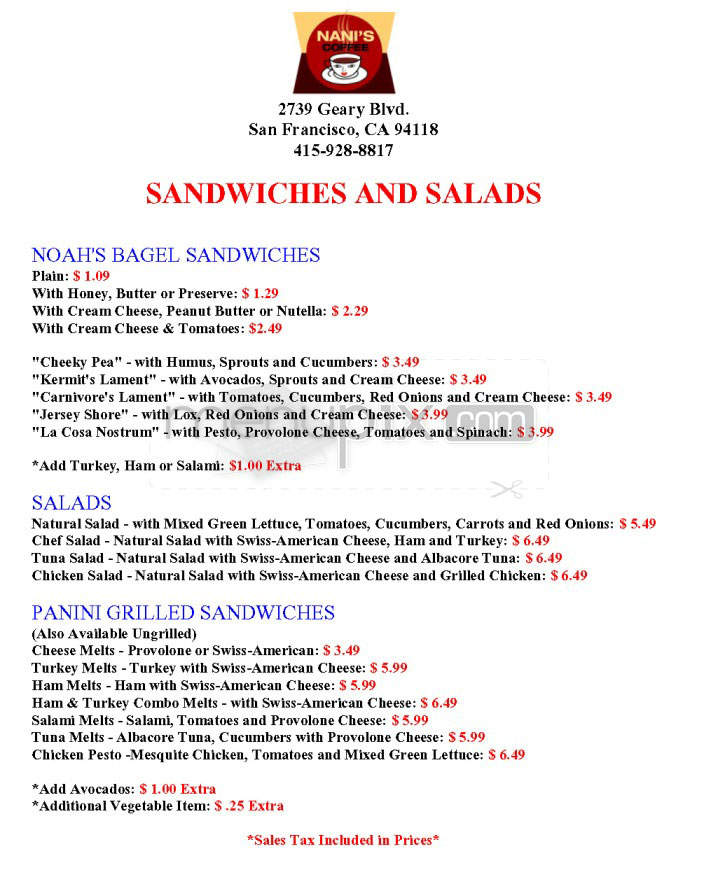 Nani's Coffee - San Francisco, CA menu_pic