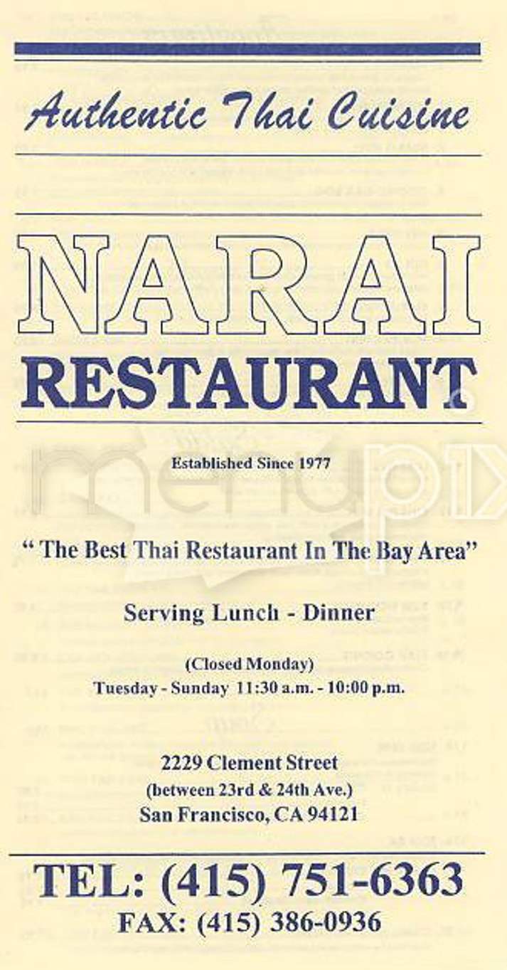 Narai Restaurant - San Francisco, CA menu_pic