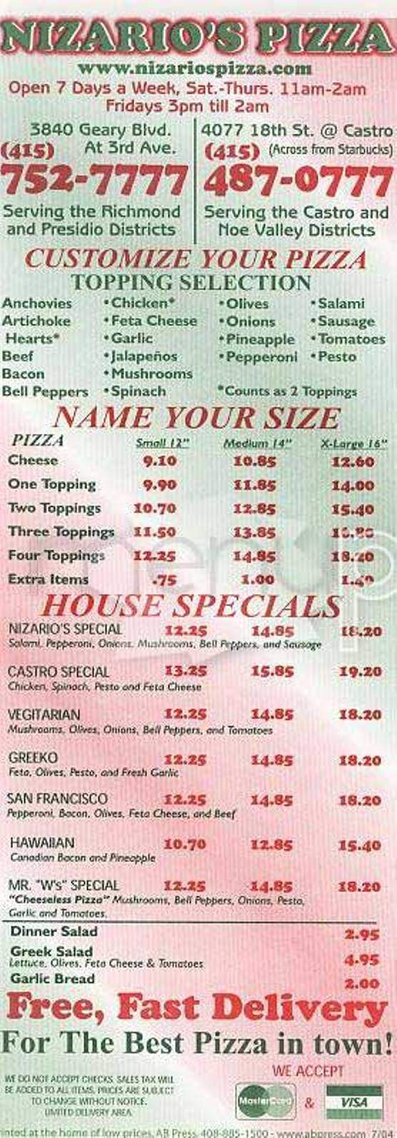 Nizario's Pizza - San Francisco, CA menu_pic