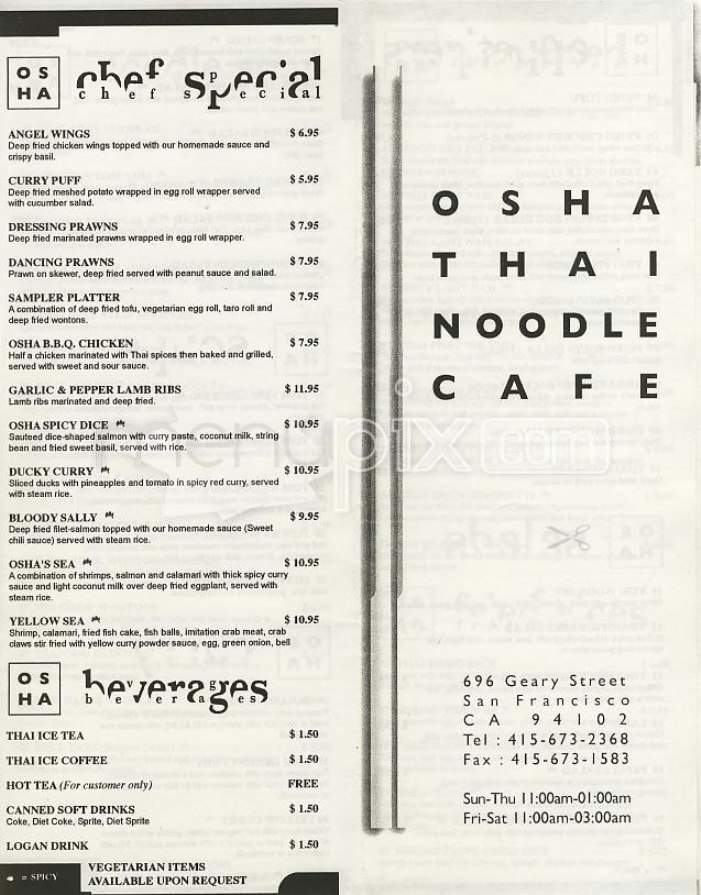 Osha Thai Noodle Cafe - San Francisco, CA menu_pic