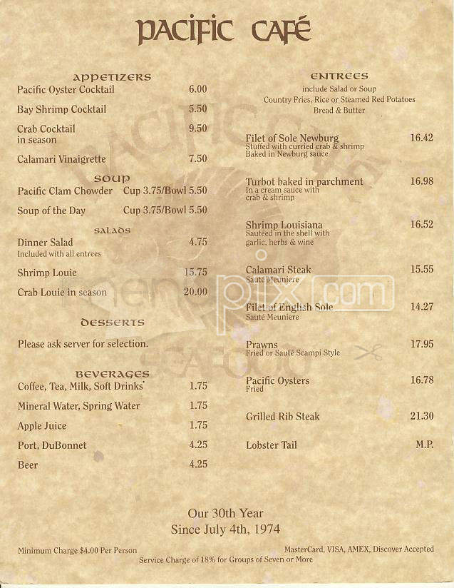 Pacific Cafe - San Francisco, CA menu_pic
