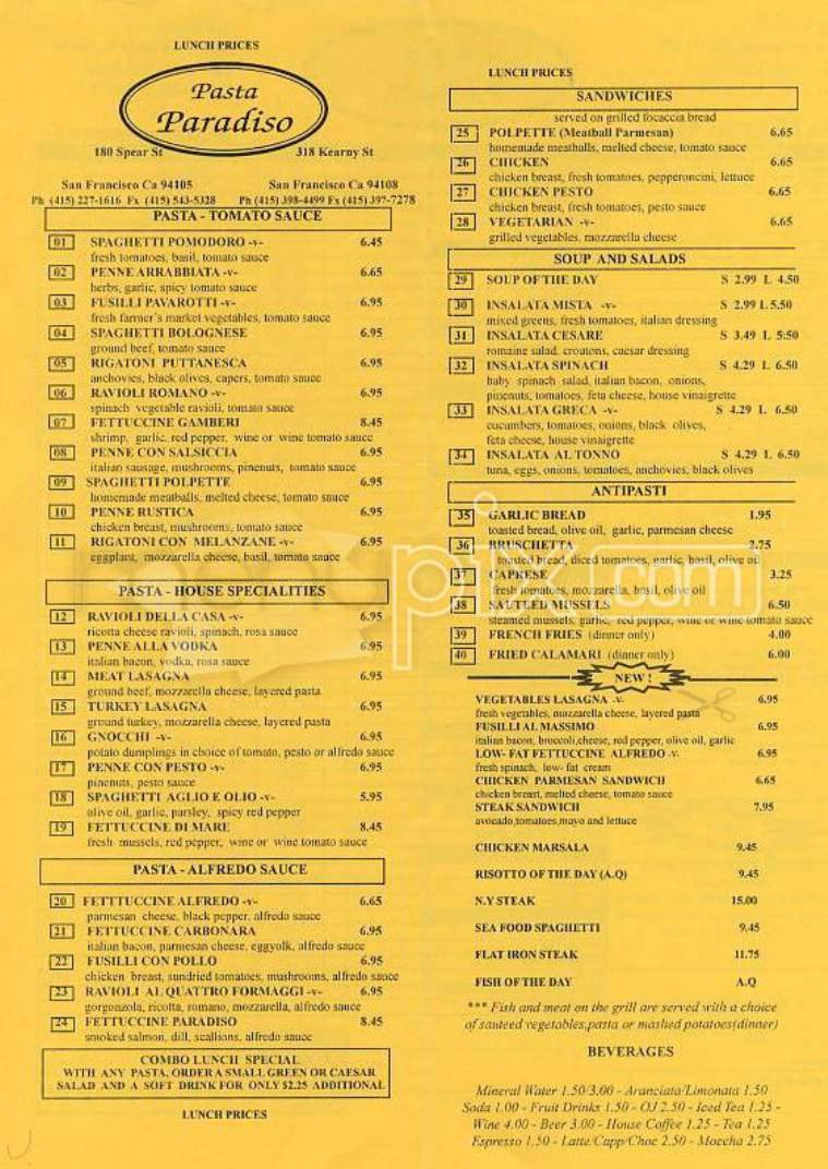 Pasta Paradiso - San Francisco, CA menu_pic