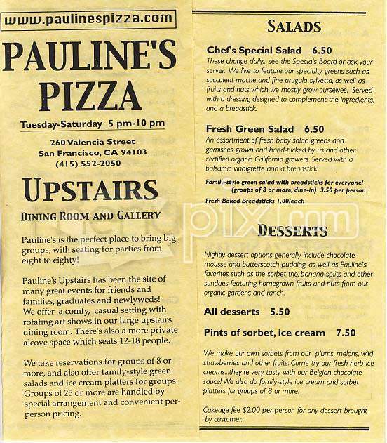 Pauline's Pizza - San Francisco, CA menu_pic