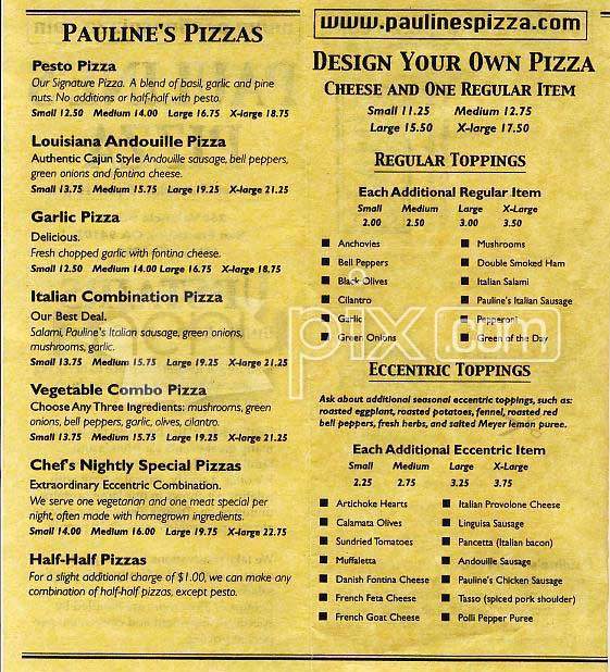 Pauline's Pizza - San Francisco, CA menu_pic