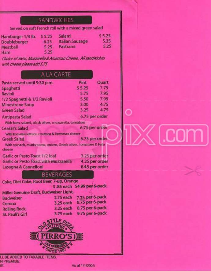 Pirro's Pizzeria - San Francisco, CA menu_pic