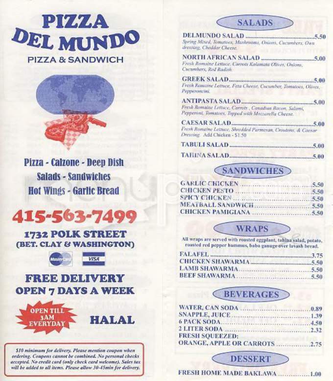 Pizza Del Mundo - San Francisco, CA menu_pic