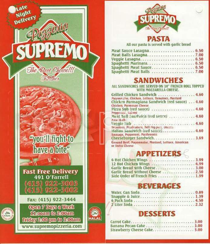 Pizzeria Supremo - San Francisco, CA menu_pic