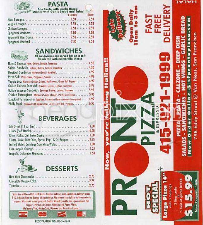 Pronto Pizza - San Francisco, CA menu_pic