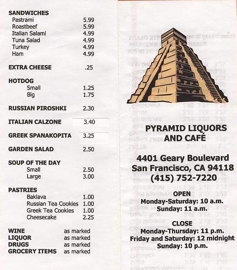 Pyramid Liquors and Cafe - San Francisco, CA menu_pic