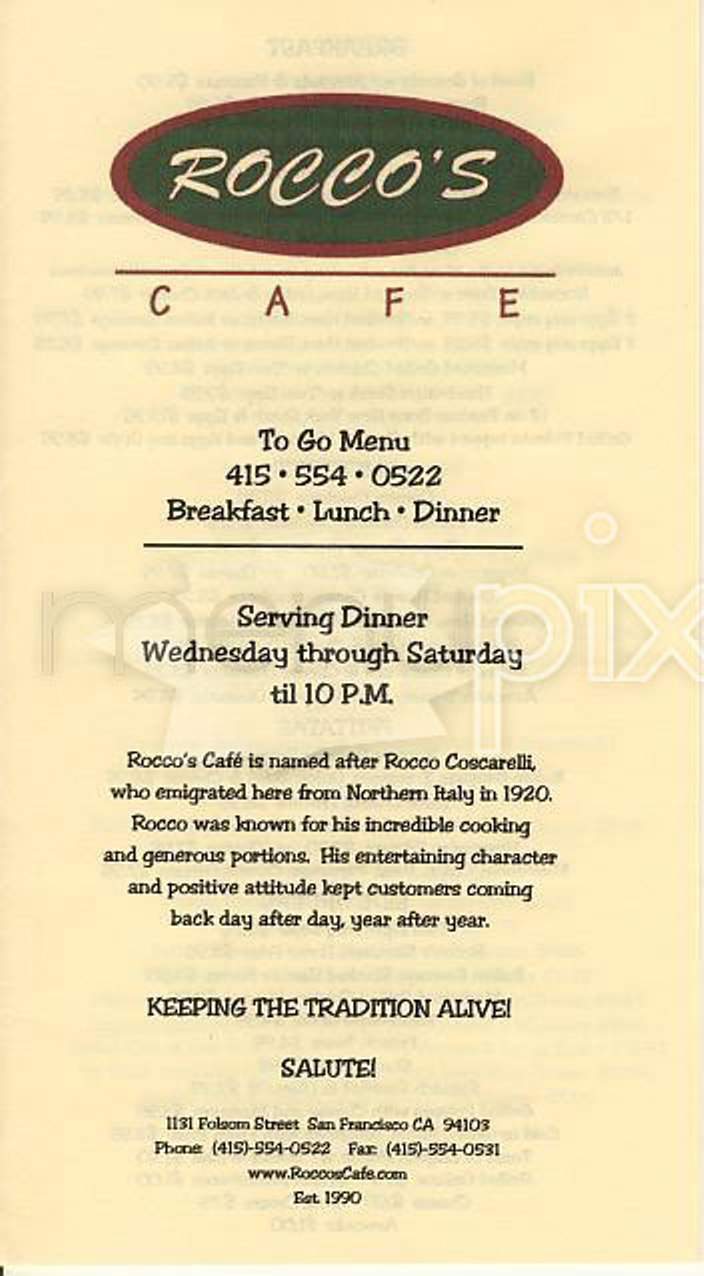 Rocco's Cafe - San Francisco, CA menu_pic