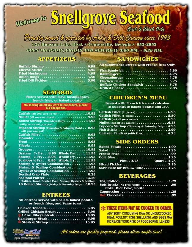 Snellgrove Seafood - Centerville, GA menu_pic