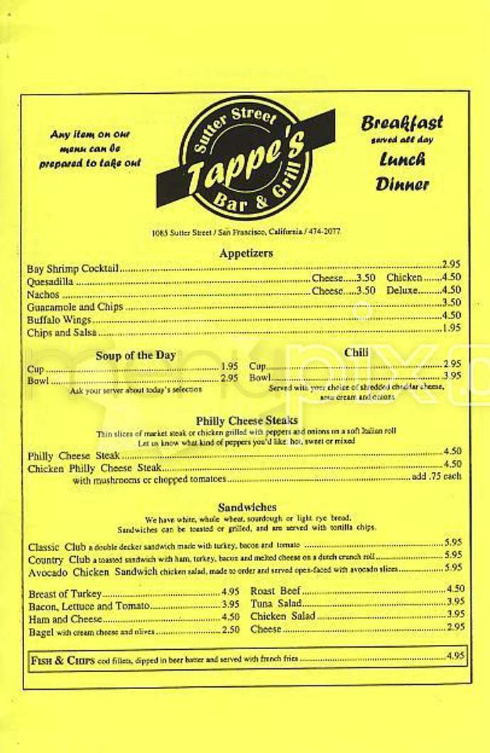 Tappe's Sutter Street Bar & Grill - San Francisco, CA menu_pic