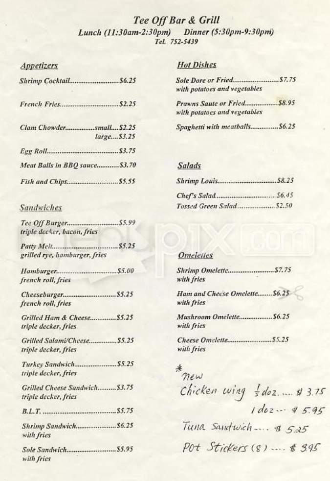 Tee Off Bar and Grill - San Francisco, CA menu_pic