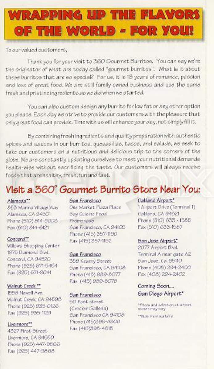 360 Degrees Gourmet Burritos - San Francisco, CA menu_pic