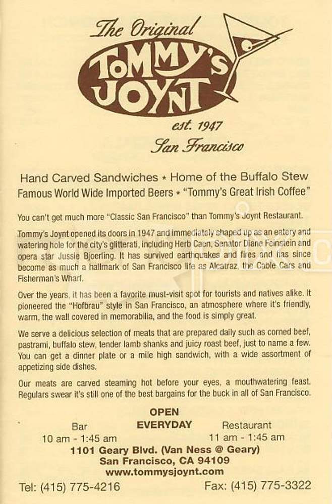 Tommy's Joynt - San Francisco, CA menu_pic