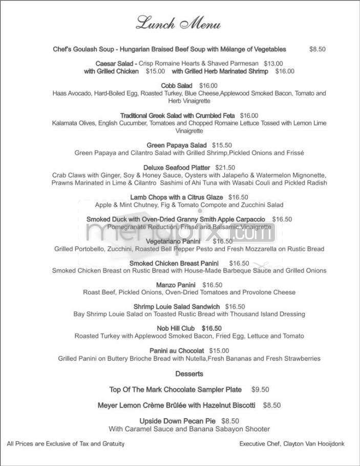 Top Of The Mark - San Francisco, CA menu_pic