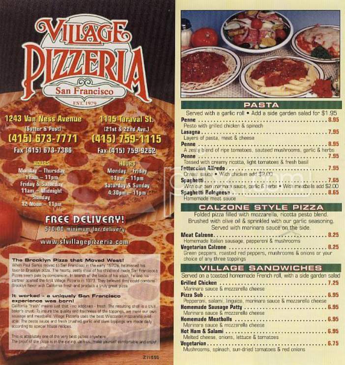 Village Pizzeria - San Francisco, CA menu_pic
