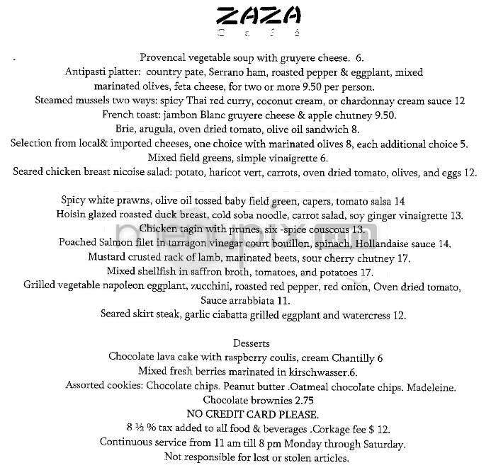 Zaza Cafe - San Francisco, CA menu_pic