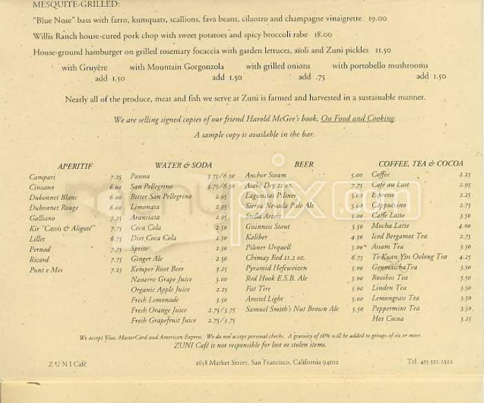 Zuni Cafe - San Francisco, CA menu_pic