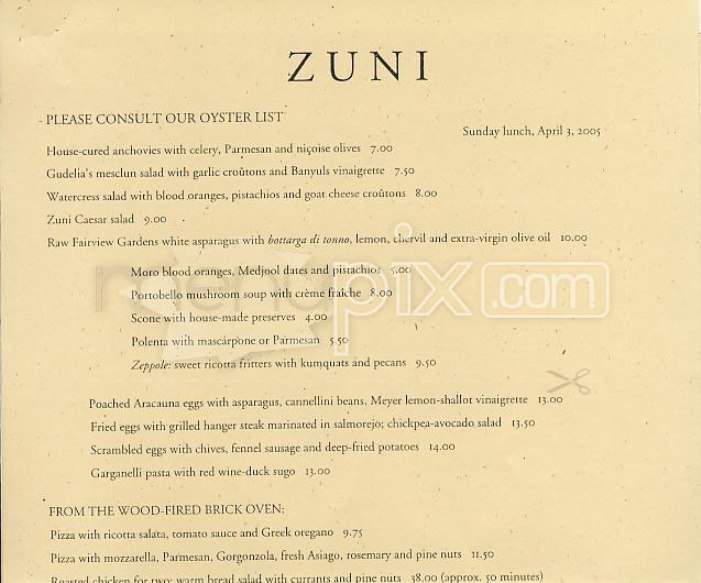 Zuni Cafe - San Francisco, CA menu_pic