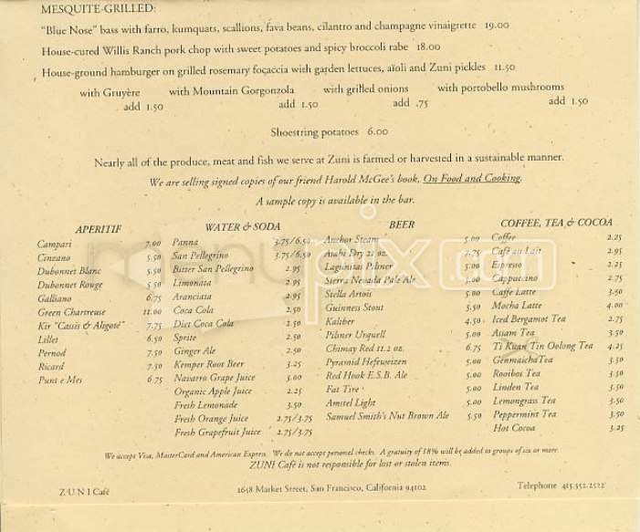Zuni Cafe - San Francisco, CA menu_pic